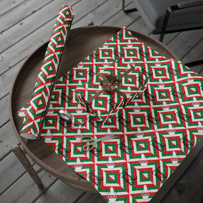 Red, White, & Green Snowman Custom Name Wrapping Paper (Emily)