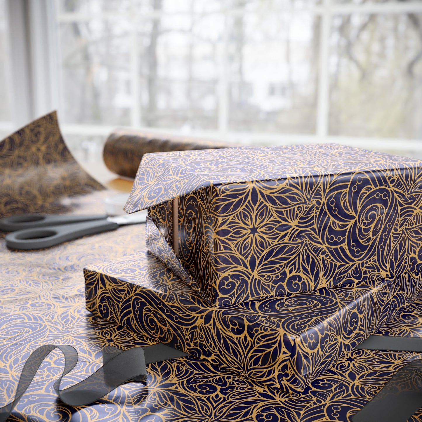 Golden Midnight Radiance Mandala Wrapping Paper