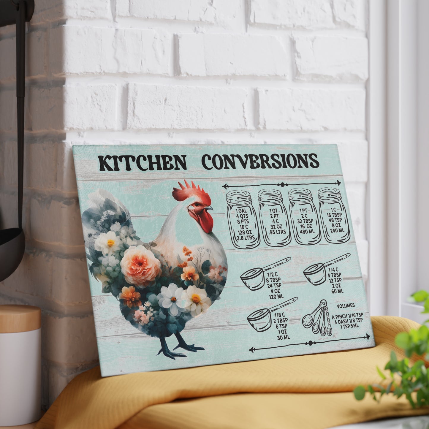 Floral Chicken Kitchen Conversions Glass Cutting Board | Perfect Gift for Home Cooks