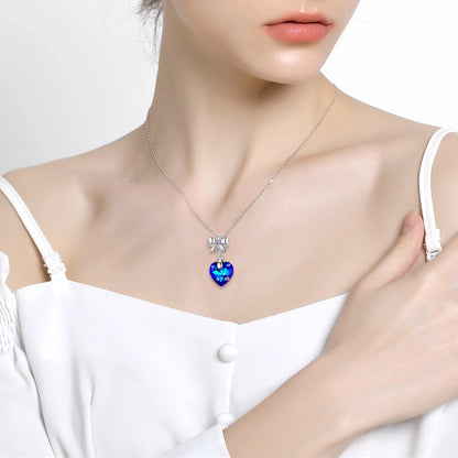 Vibrant Blue Heart-shaped Crystal Sterling Silver 925 Bowknot Pendant