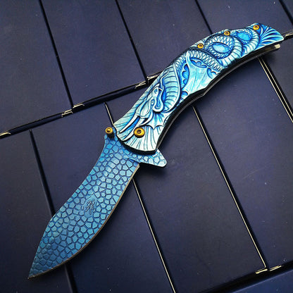 Ornate Dragon Stainless Steel Folding Knife