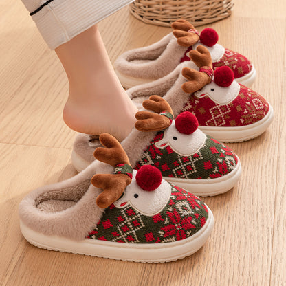 Cute Christmas Plaid Reindeer Plush House Slippers