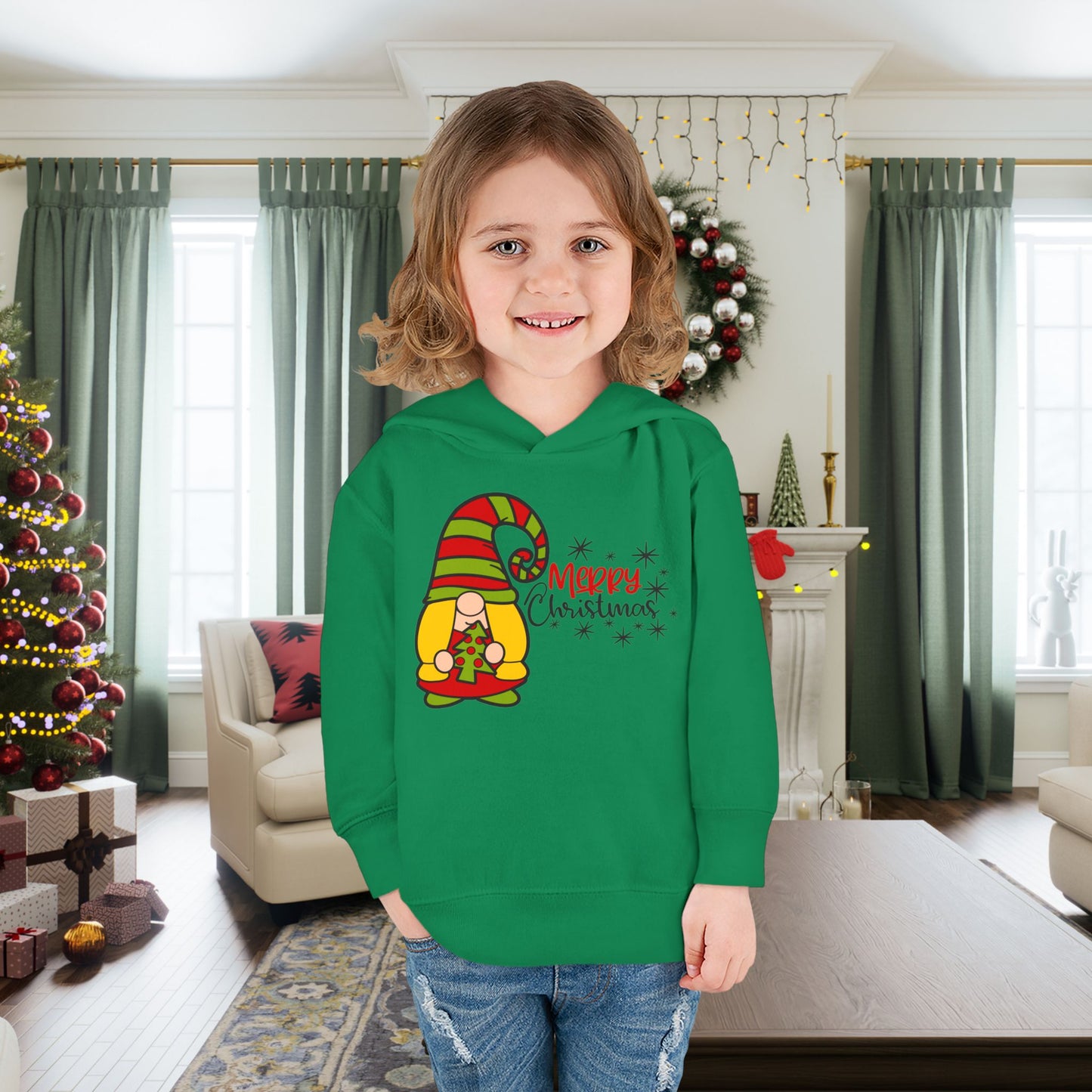 Merry Christmas Girl Gnome Toddler Pullover Fleece Hoodie