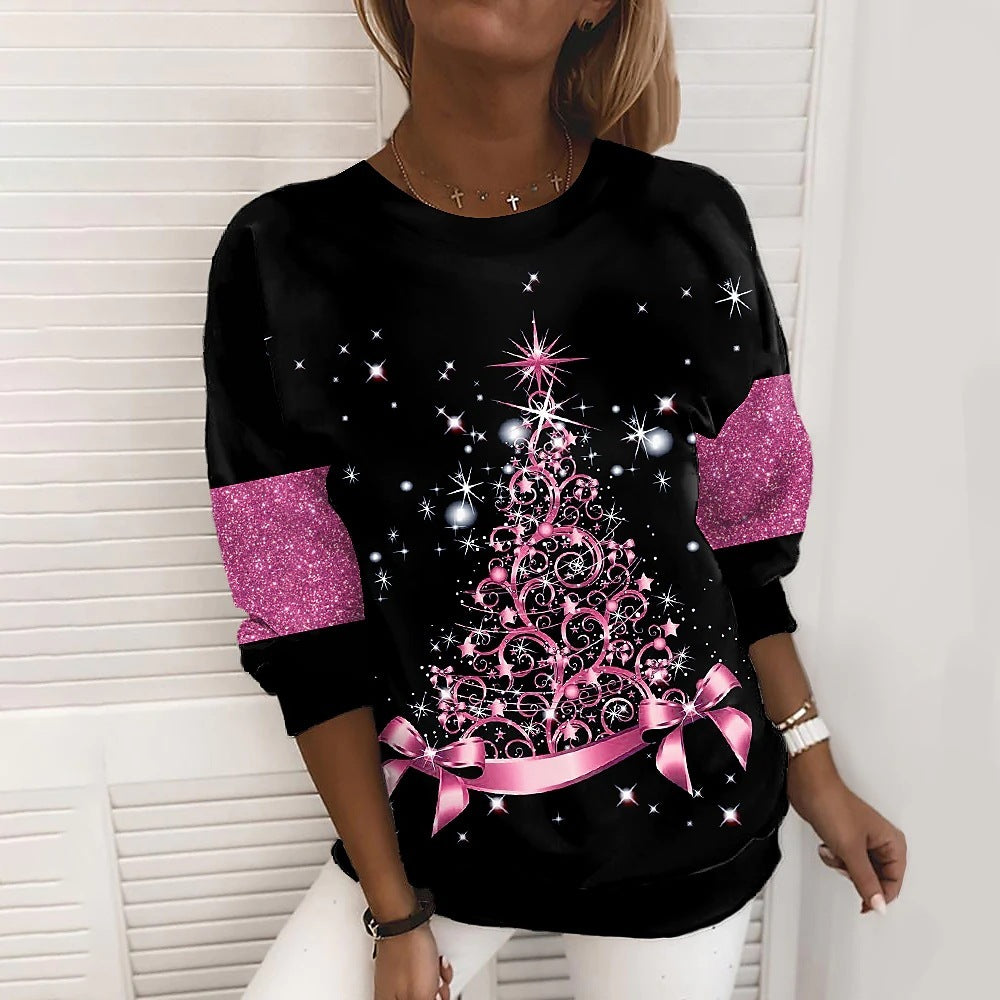 Colorful Christmas Tree Print Over Black Casual Loose Top