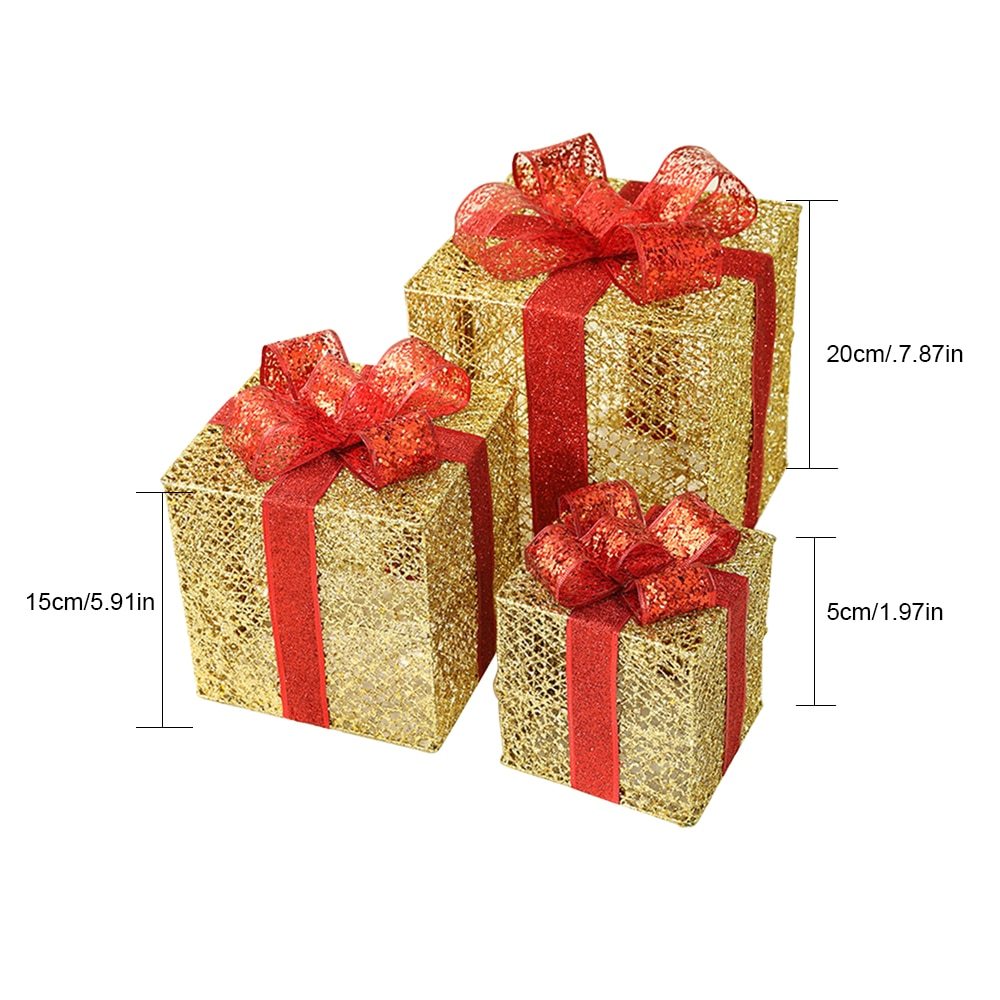 Lighted Metal Gift Box Sets of 3 – LED Christmas Decorations in Gold, Red, Blue & Silver