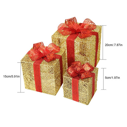 Lighted Metal Gift Box Sets of 3 – LED Christmas Decorations in Gold, Red, Blue & Silver