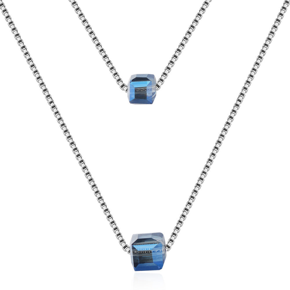 Sugar Cube Crystal Pendant Double Chain Necklace (Pink or Blue)