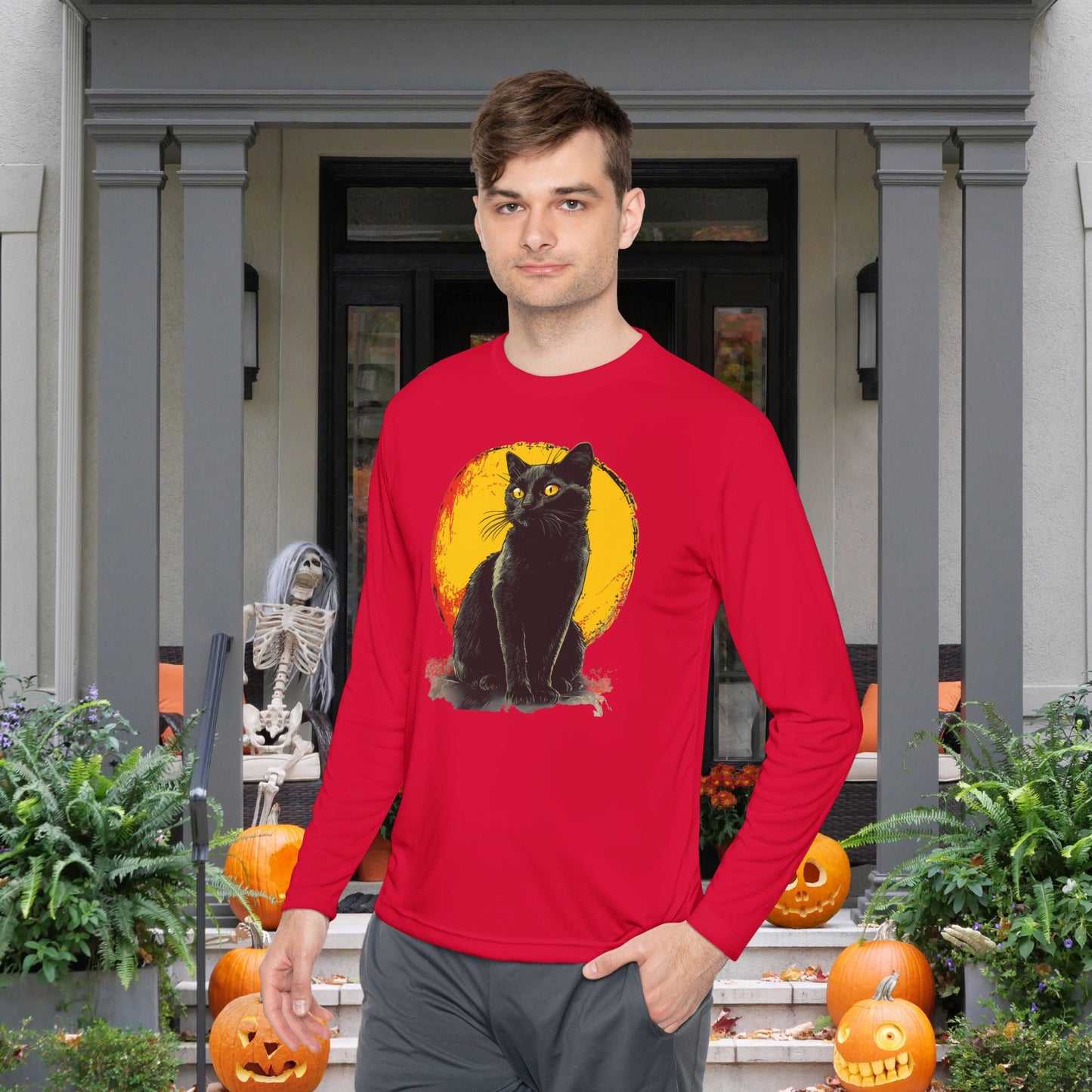 Black Cat Over Moon Adult Long Sleeve Tee