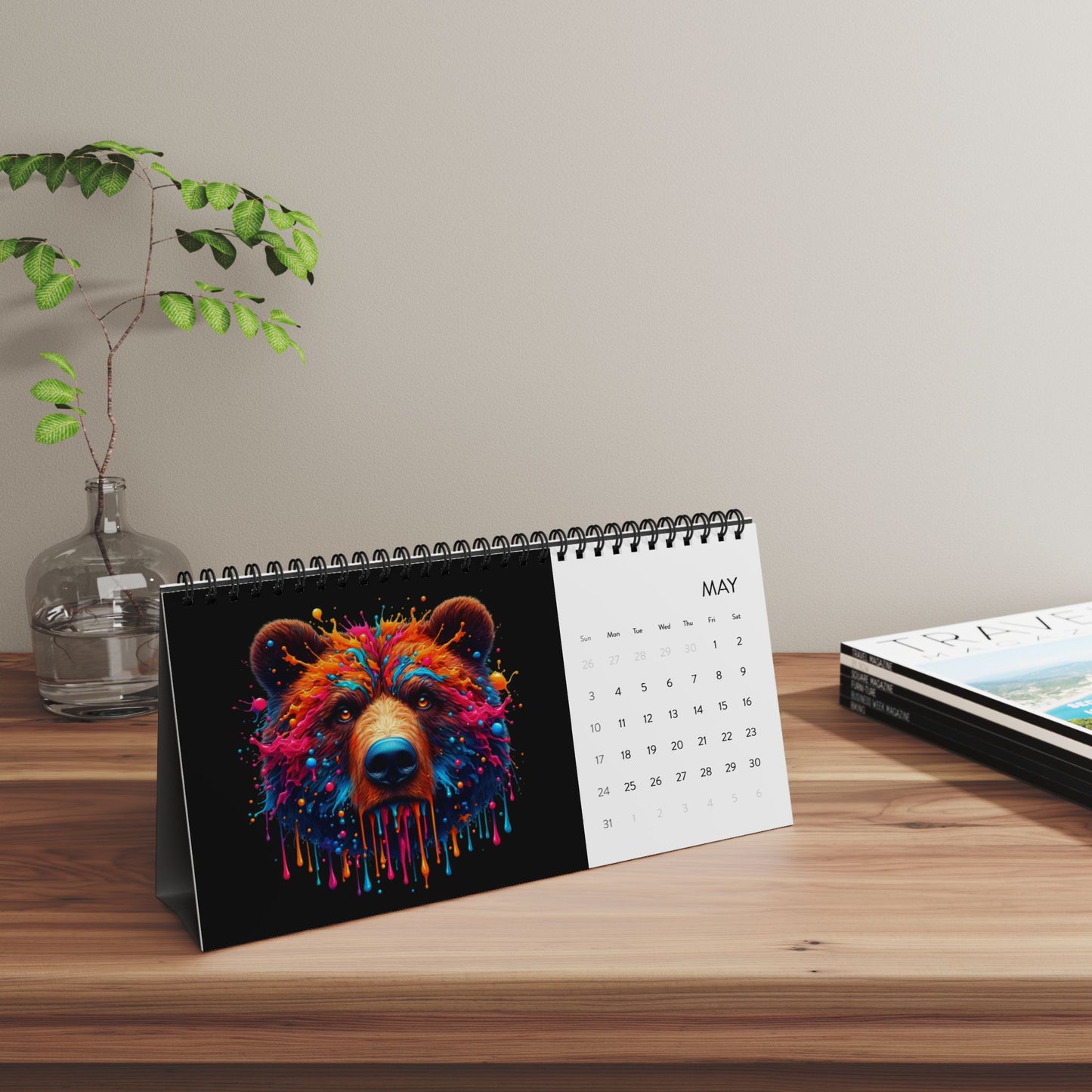 2026 Color Splash Animal Desktop Calendar — Grid Monthly Planner