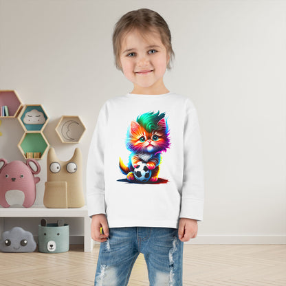 Cute Colorful Kitten w/Soccer Ball Toddler Long Sleeve Tee