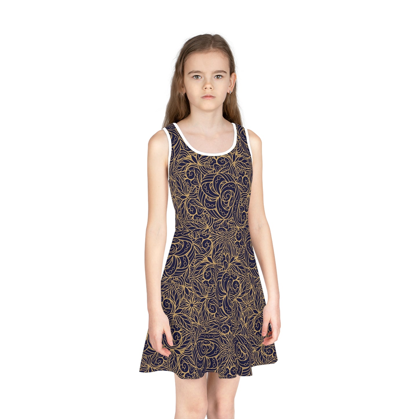 Golden Midnight Radiance Mandala Floral Girls' Sleeveless Sundress
