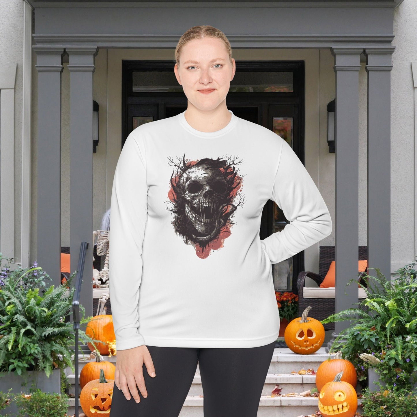 Creepy Skull in Tree Adult Long Sleeve Tee