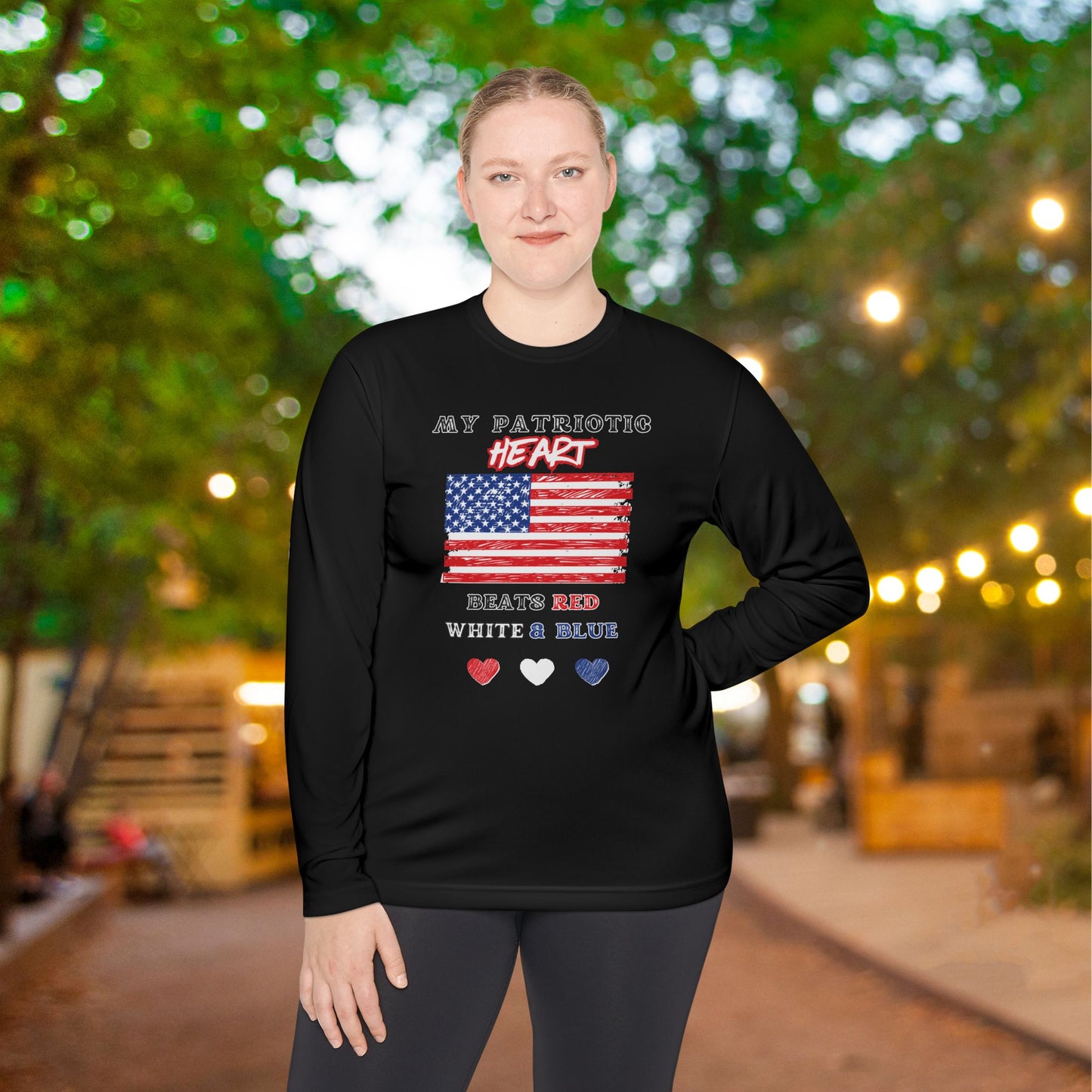 My Patriotic Heart Beats Red White and Blue Adult Long Sleeve Tee