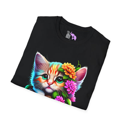 Cute Colorful Kitten in Flowers Adult T-shirt