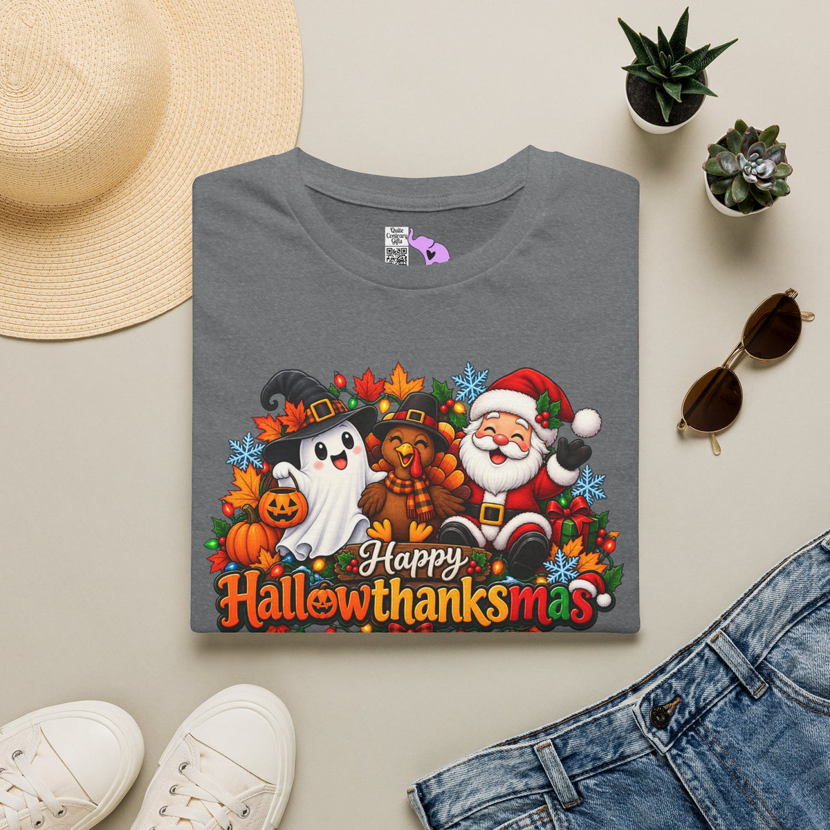 Hallowthanksmas Shirt (Ghost/Turkey/Santa) Adult T-shirt