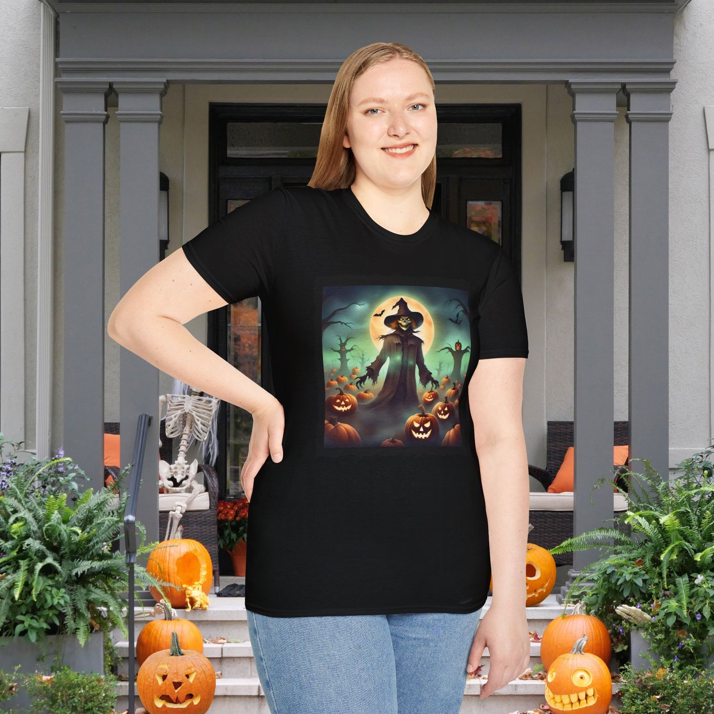 Halloween Scarecrow w/Pumpkins 4 Adult T-shirt