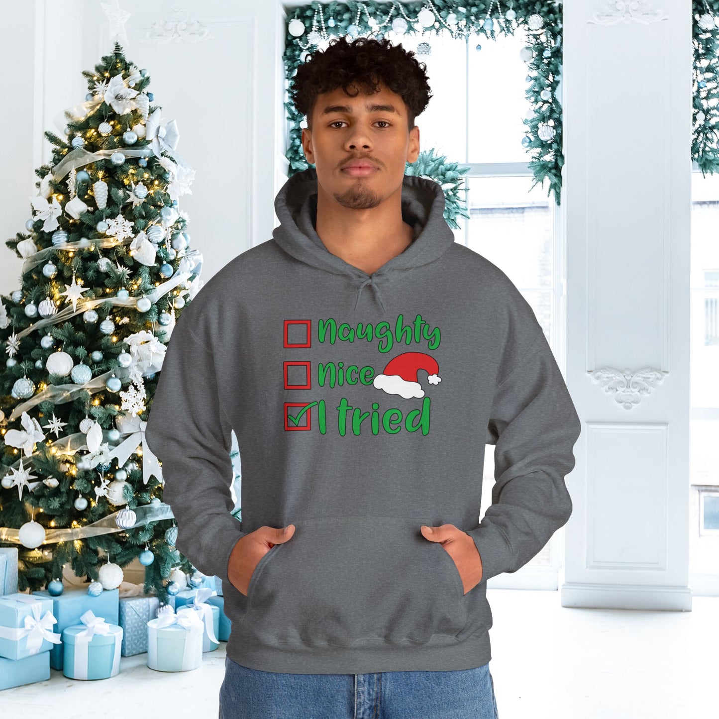 Naughty; Nice; I Tried Adult Heavy Blend™ Hooded Sweatshirt