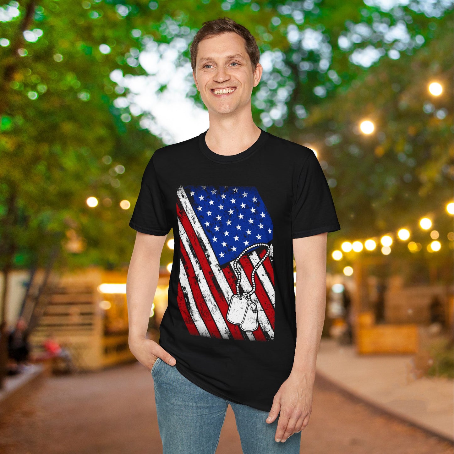 Distressed American Flag w/Dog Tags Adult T-Shirt