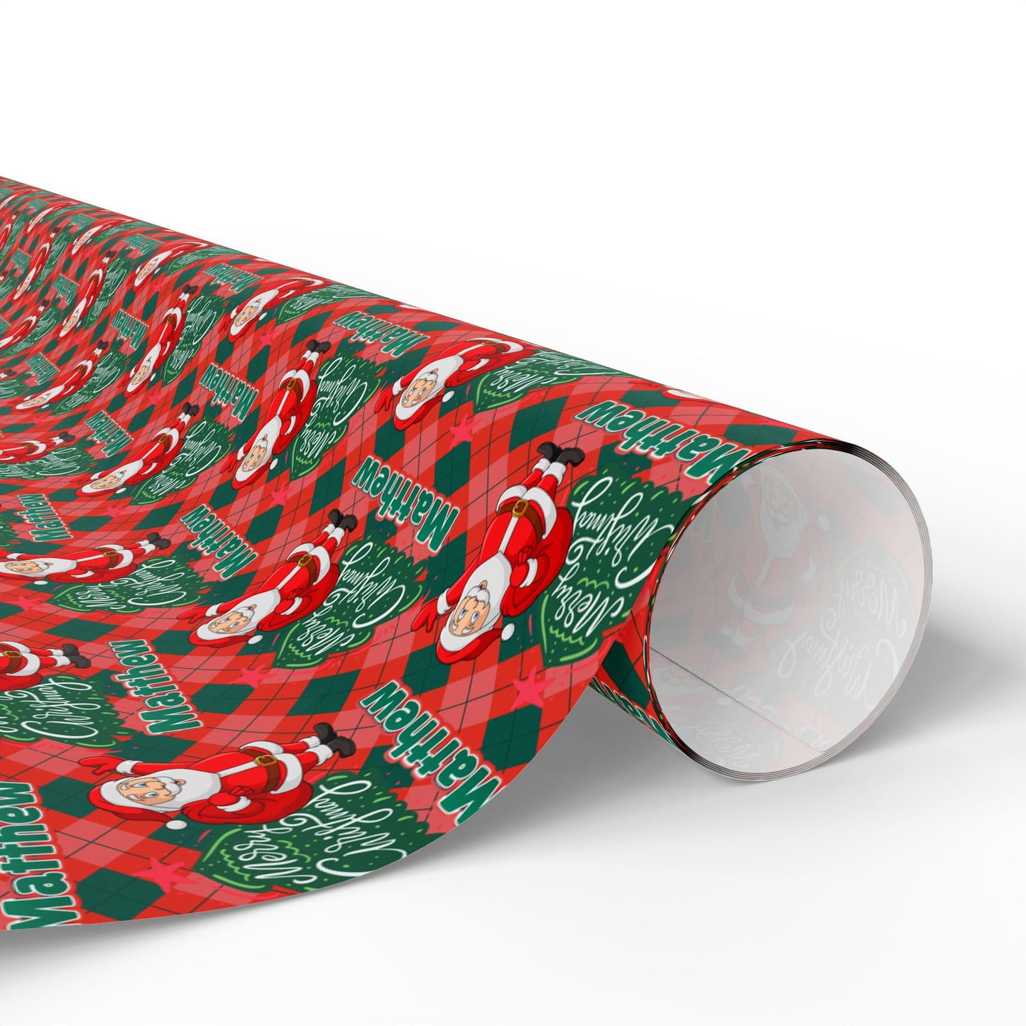 Red/Green Plaid Santa & Tree Custom Name Wrapping Paper (Matthew)