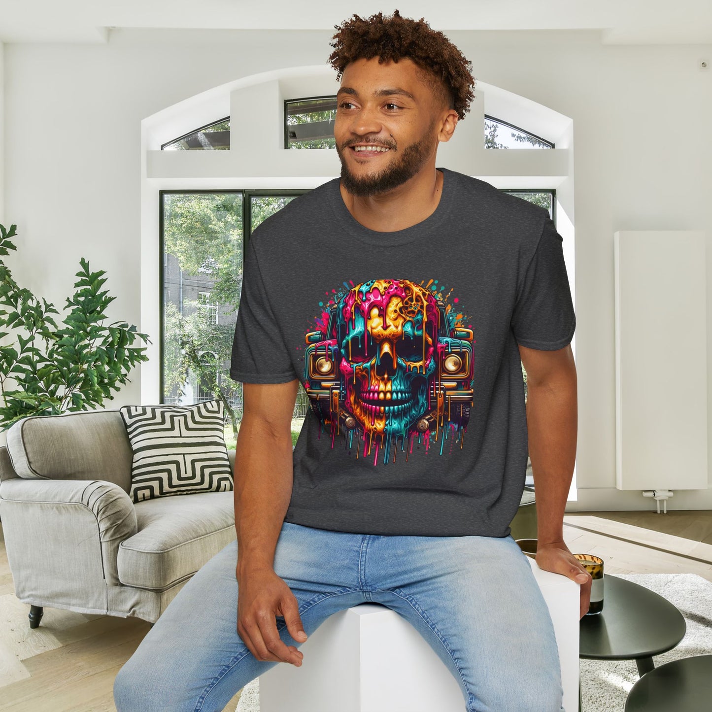 Colorful Skull & Car Adult T-shirt