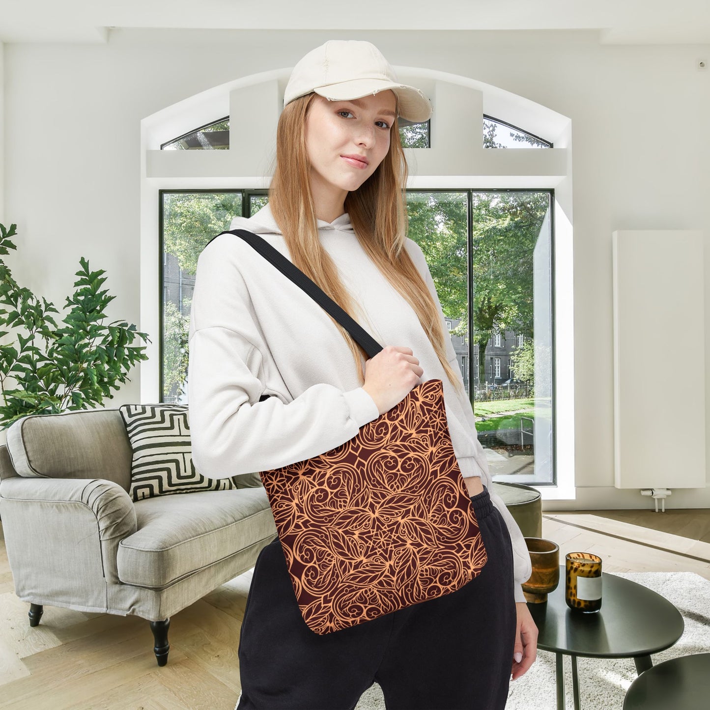 Golden Crimson Star Mandala Canvas Tote Bag