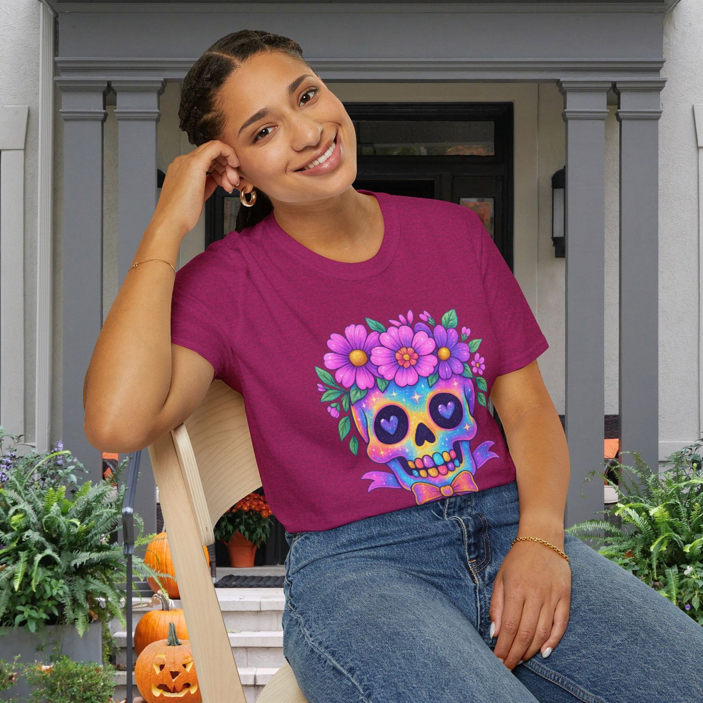 Neon Sugar Skull w/Floral Crown Adult T-shirt