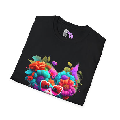 Colorful Flowers/Heart Kitten Adult T-shirt