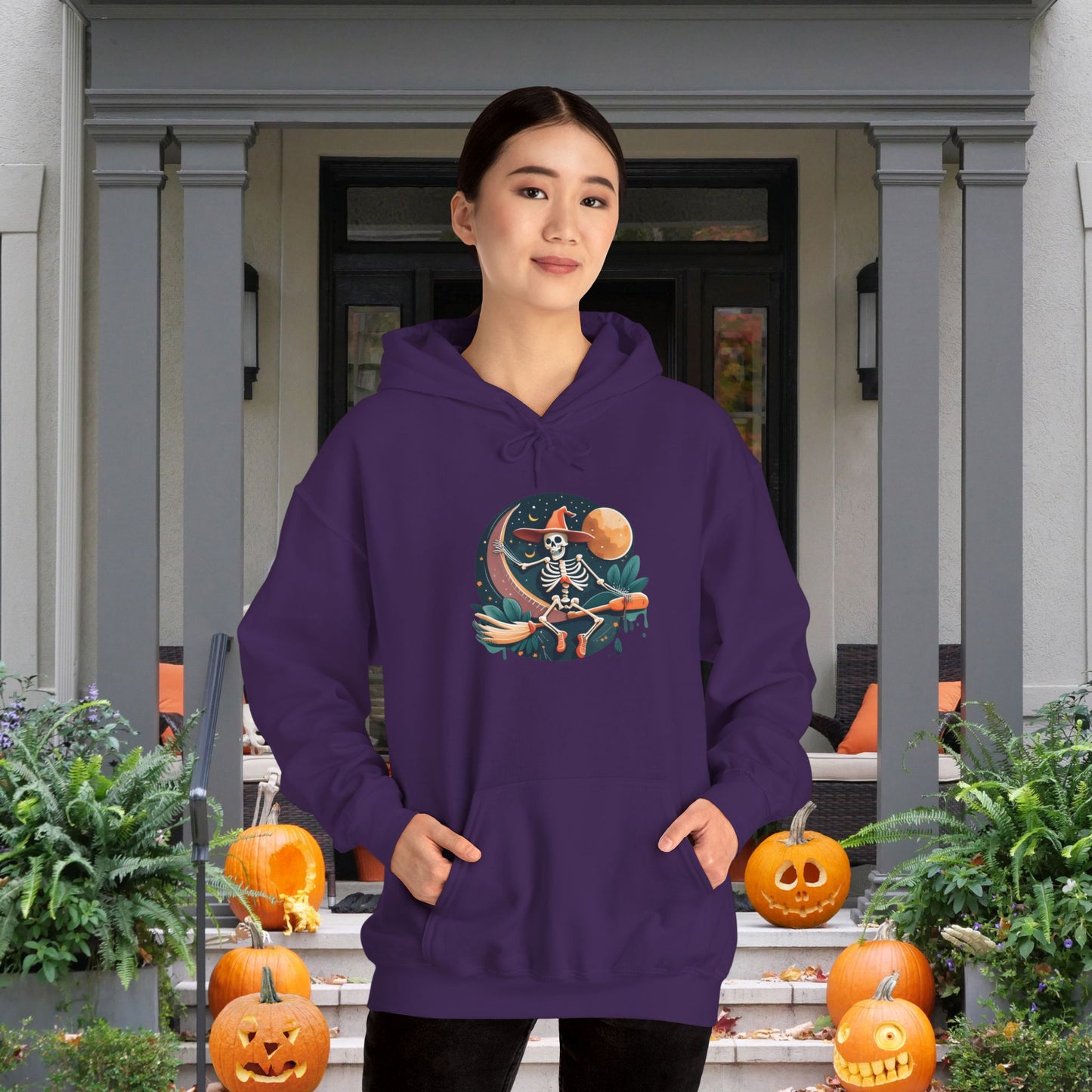 Skeleton Over Moon on Broomstick Heavy Blend™ Hooded Sweatshirt