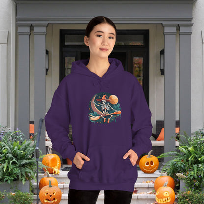 Skeleton Over Moon on Broomstick Heavy Blend™ Hooded Sweatshirt