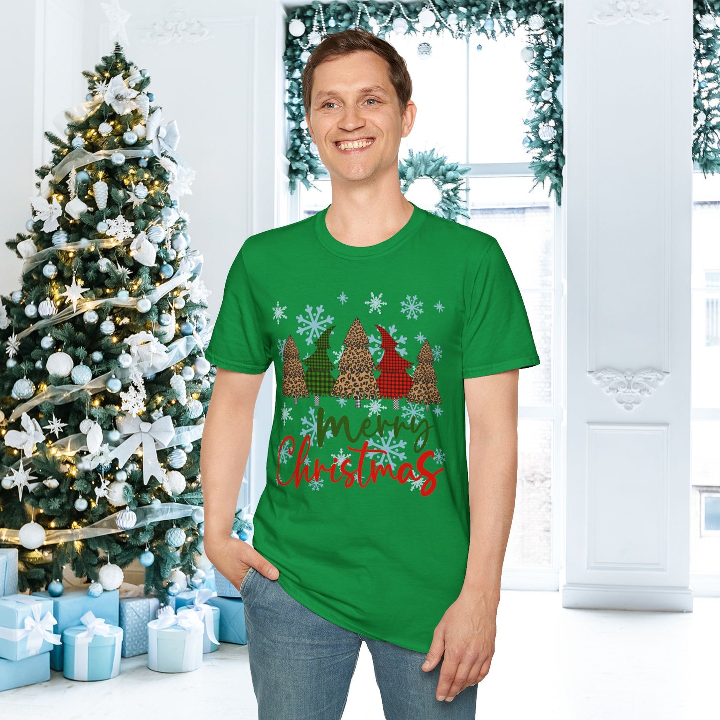 Checkered Print Trees Merry Christmas Adult T-shirt