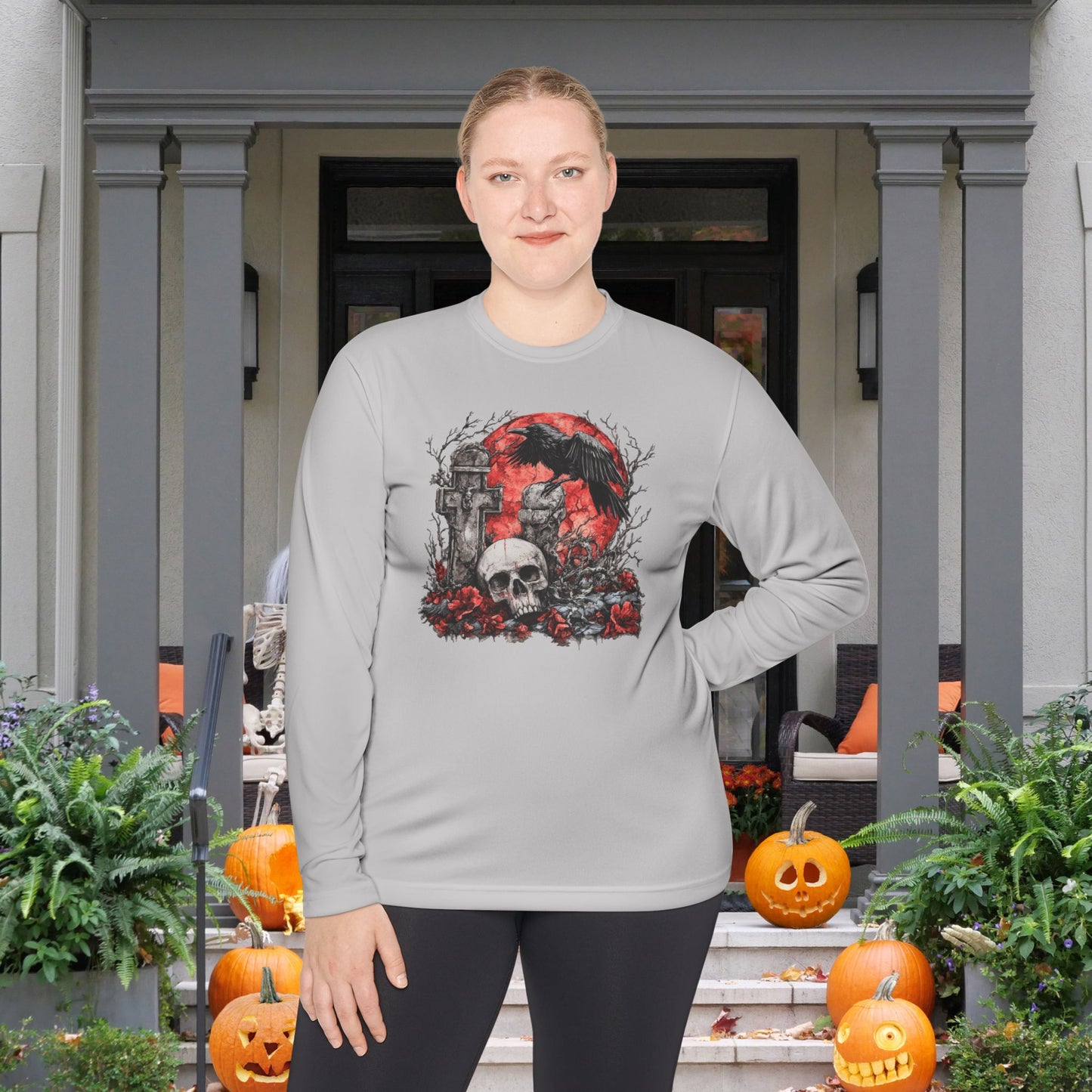 Halloween Graveyard w/Skull Adult Long Sleeve Tee