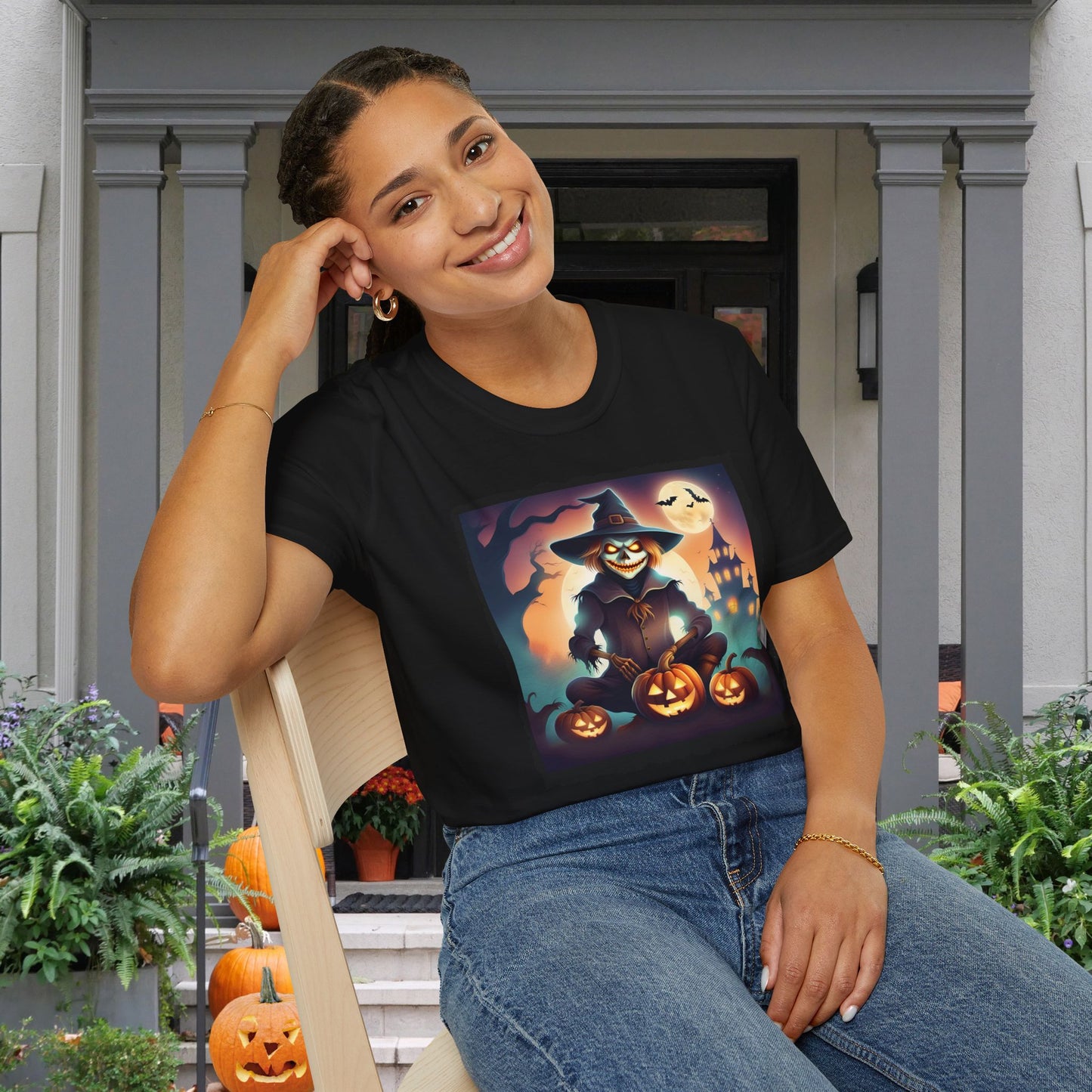 Halloween Scarecrow w/Pumpkins Adult T-shirt
