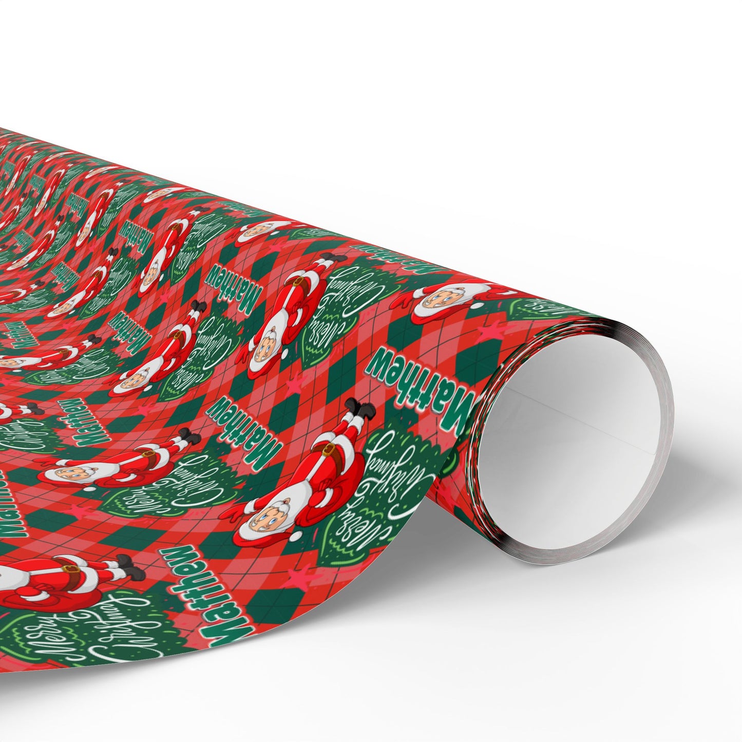 Red/Green Plaid Santa & Tree Custom Name Wrapping Paper (Matthew)