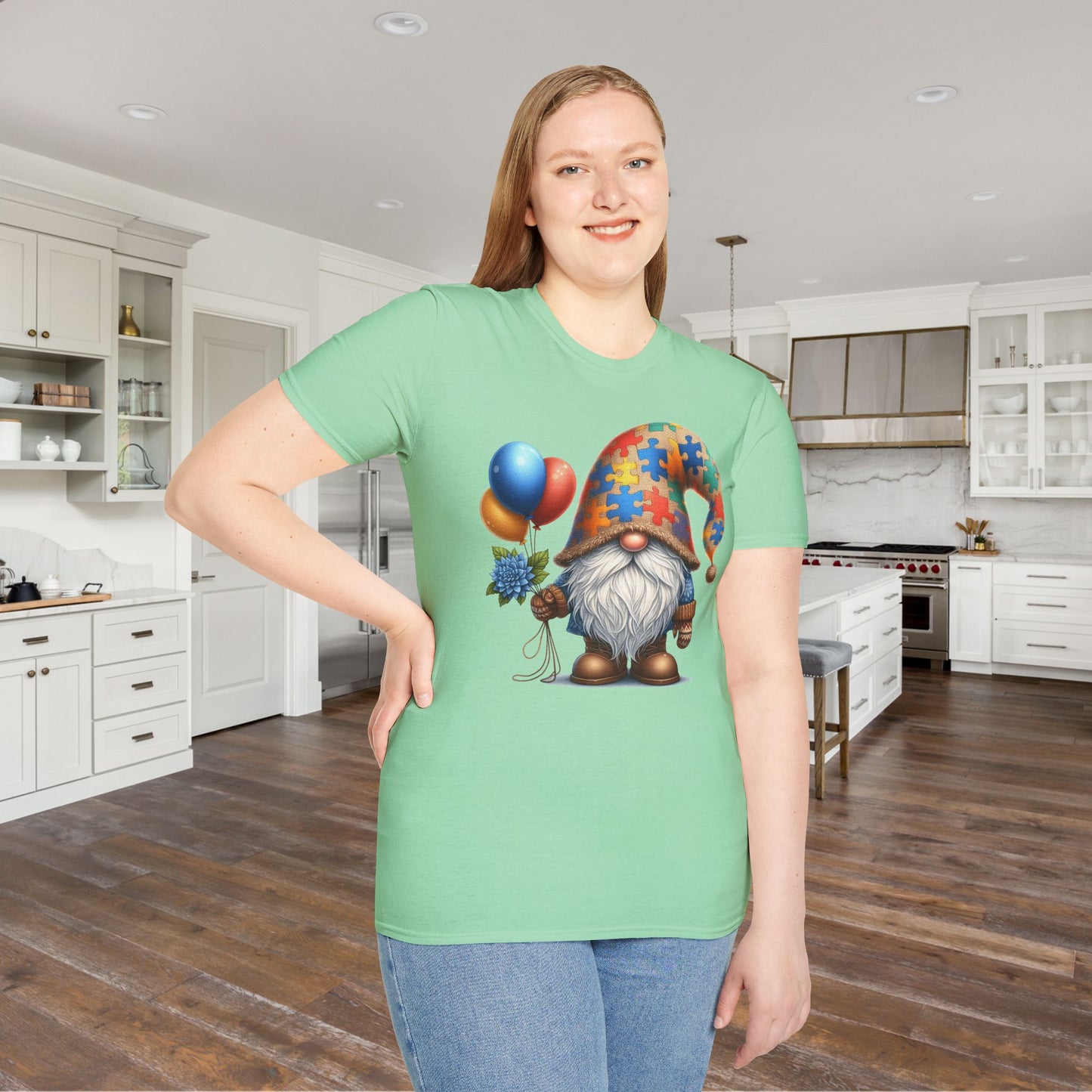 Autism Awarness Gnome w/Balloons Adult T-shirt