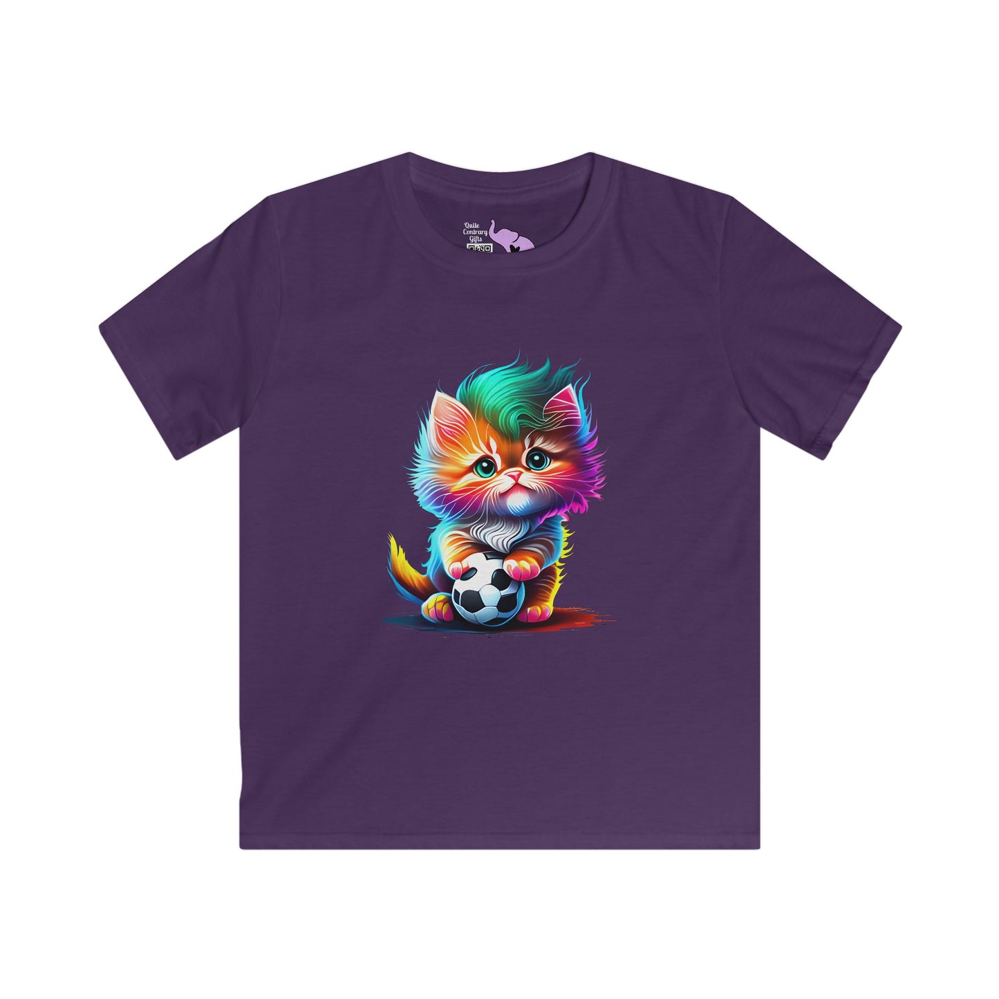 Cute Colorful Kitten w/Soccer Ball Youth Softstyle Tee
