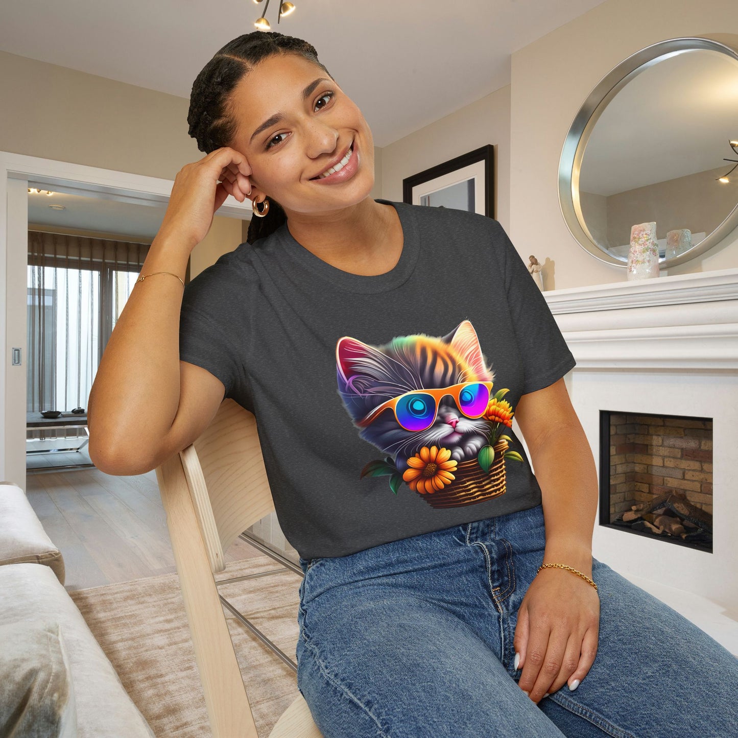 Cool Colorful Kitten in Flowers Adult T-shirt