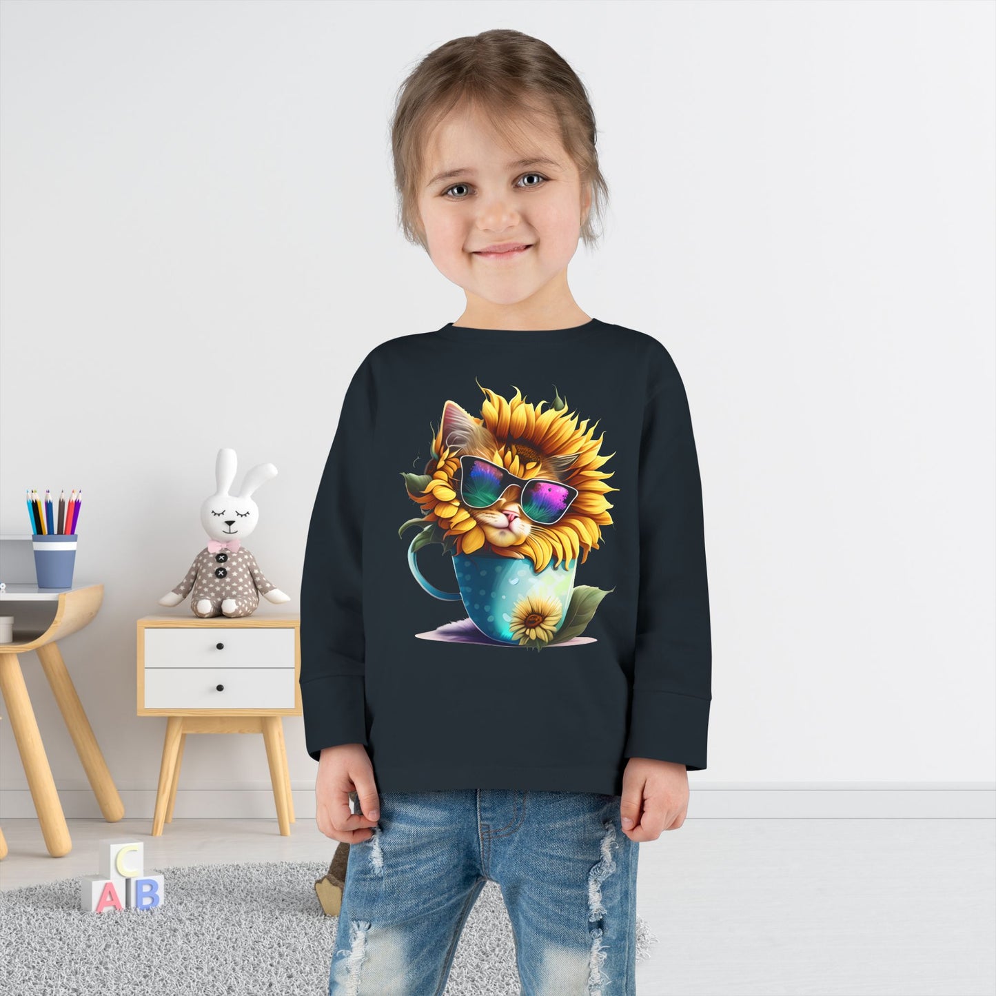 Cool Sunflower Kitten 2 Toddler Long Sleeve Tee