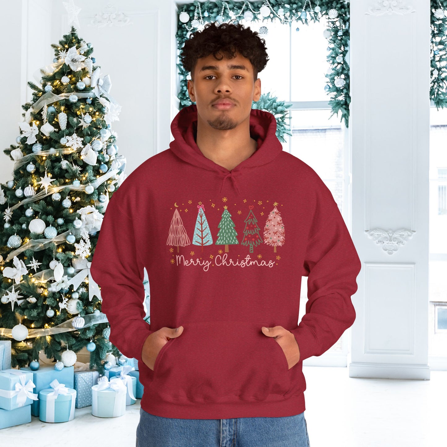 Merry Christmas Trees & Stars Adult Heavy Blend™ Hoodie