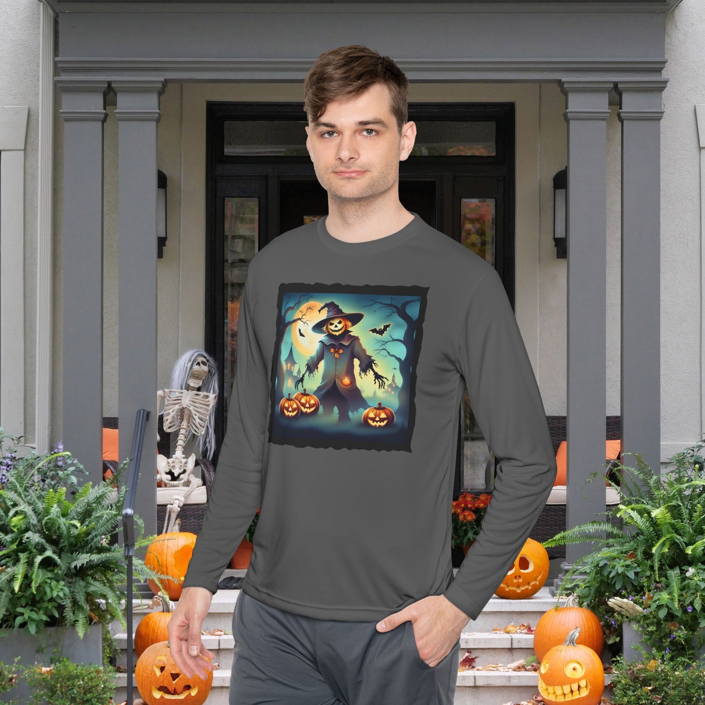 Halloween Scarecrow w/Pumpkins 3 Adult Long Sleeve Tee