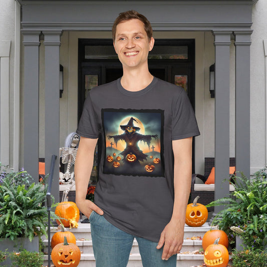 Halloween Scarecrow w/Pumpkins 2 Adult T-shirt