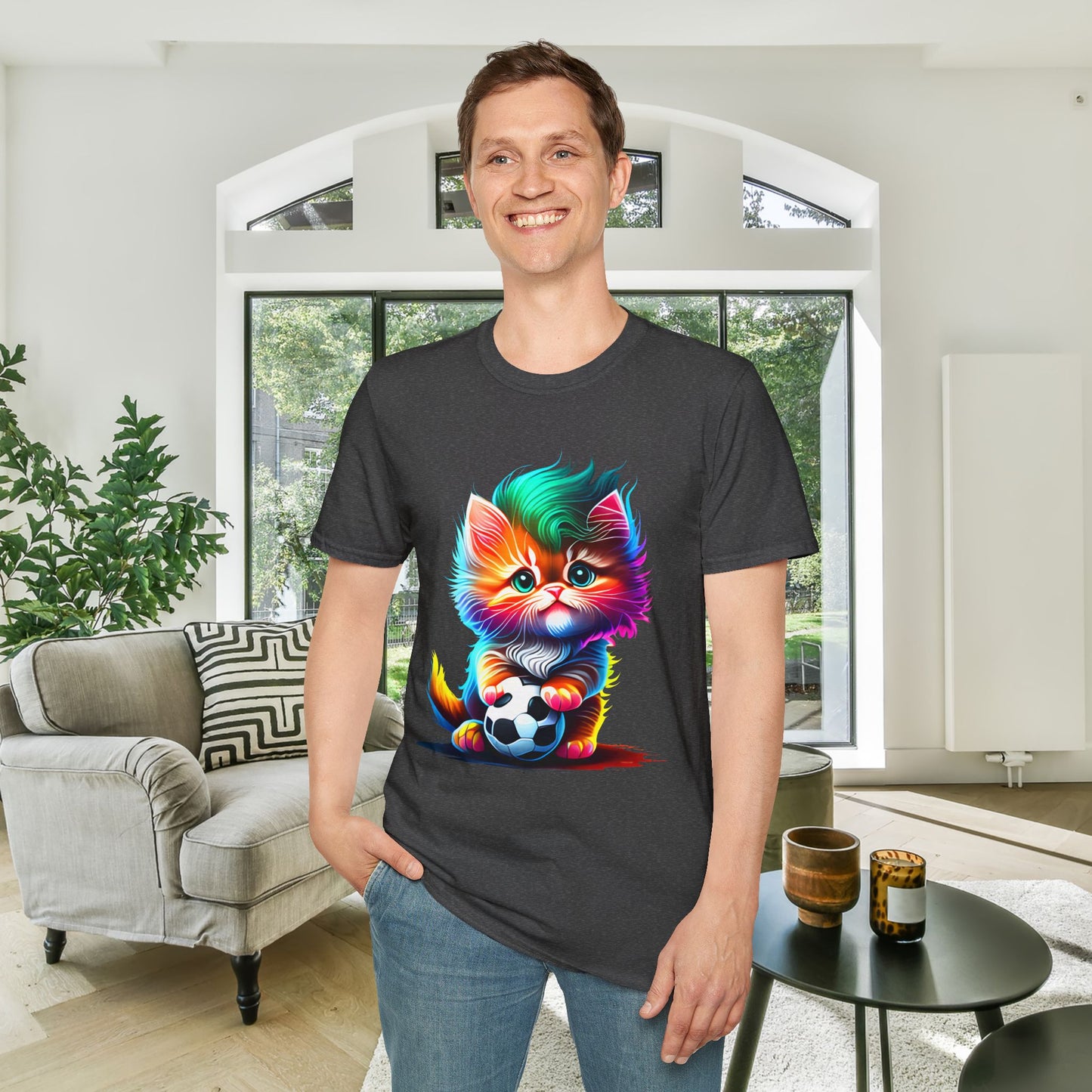 Cute Colorful Kitten w/Soccer Ball Adult T-shirt