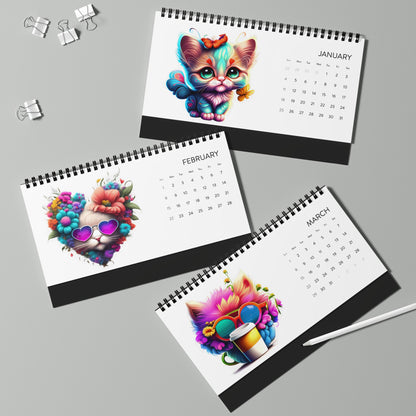 2026 Colorful Cat Desktop Calendar — Cute Kitten Monthly Grid Planner