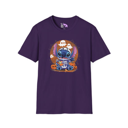 Halloween Skeleton Stitch w/Ghosts & Pumpkins Adult T-shirt