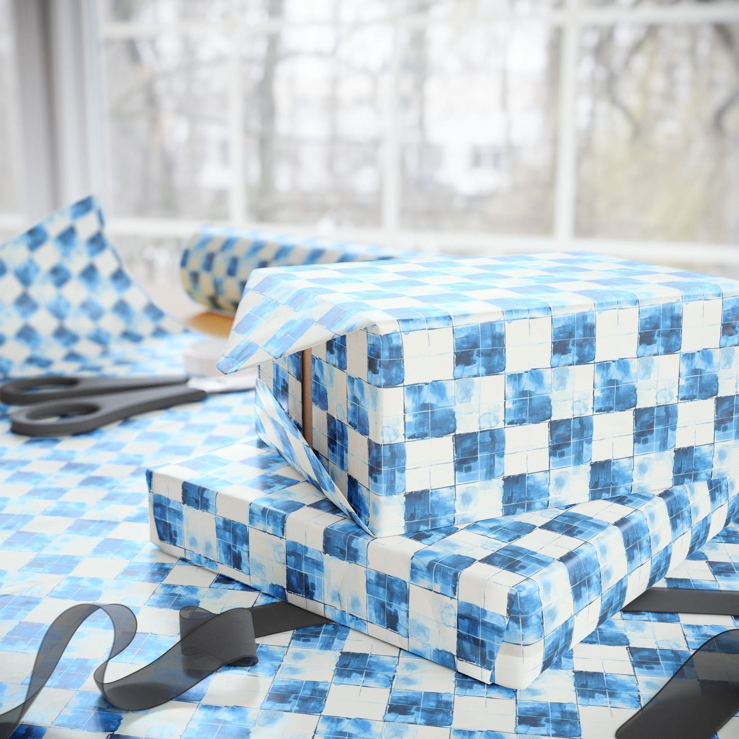 Cozy Blue Checkered Wrapping Paper
