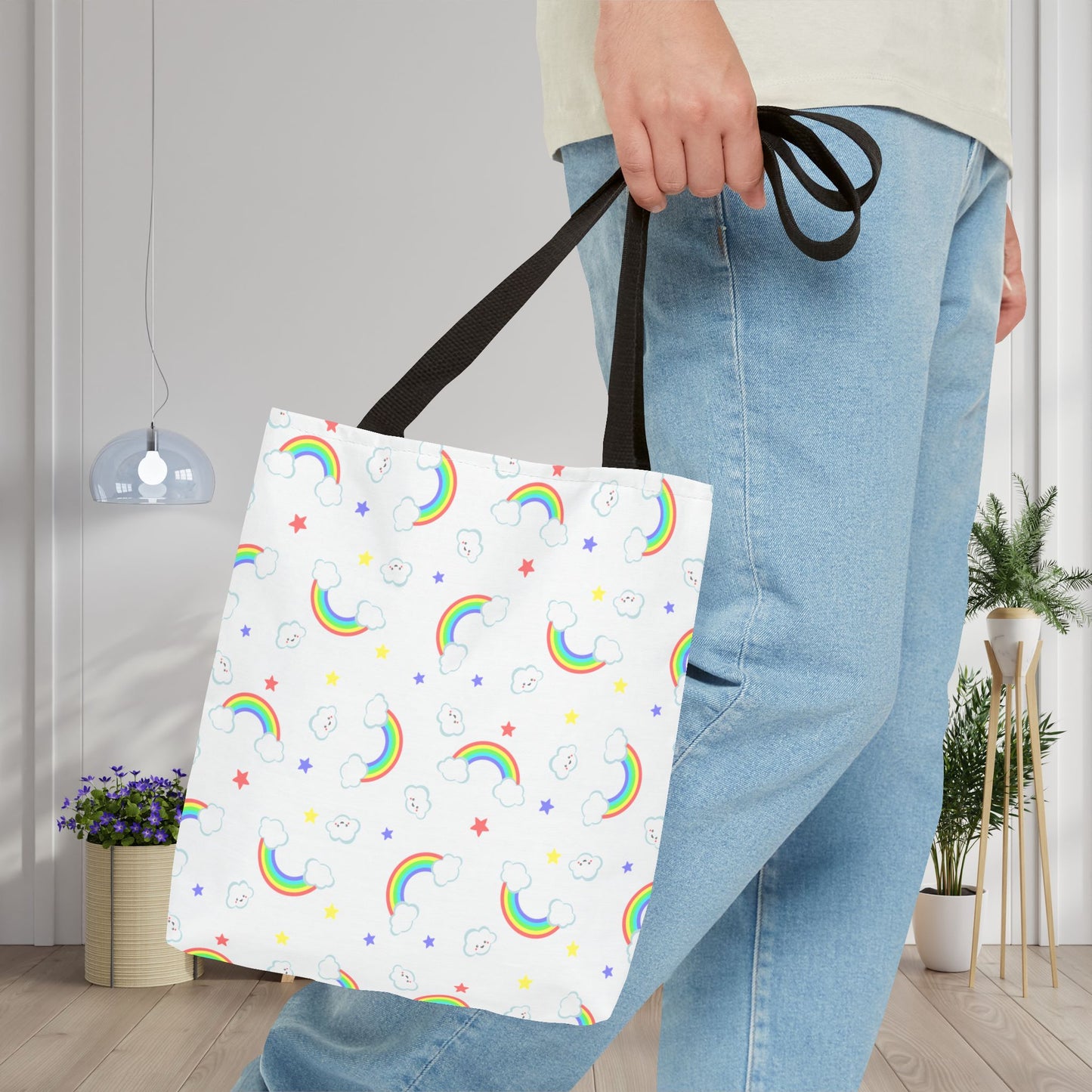Rainbow Smiles & Stars Canvas Tote Bag
