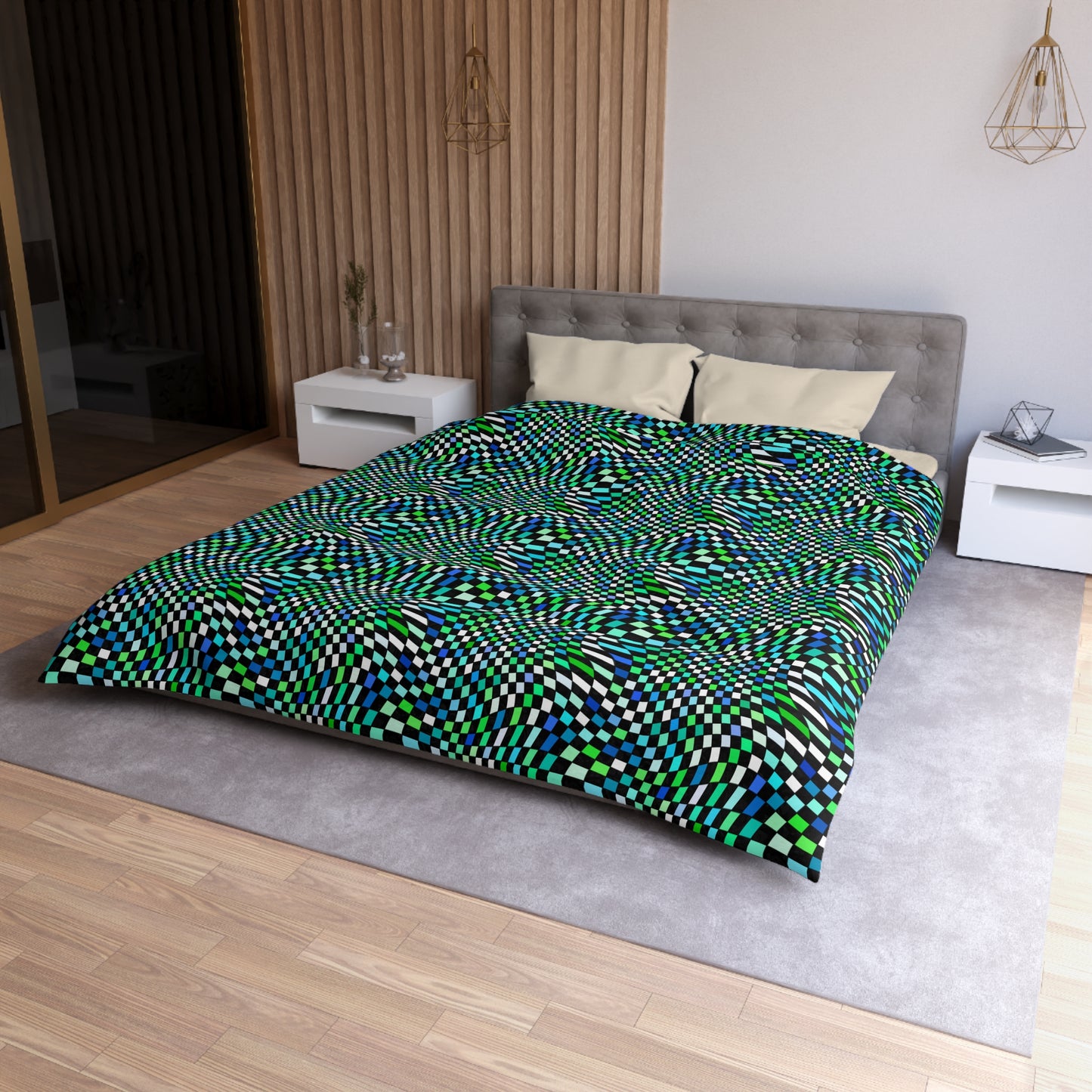 Warped Green Checkered Microfiber Duvet Cover