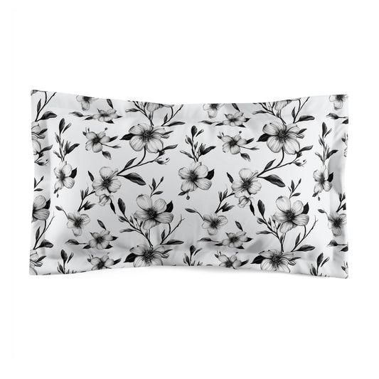 Black & White Five Petal Floral Microfiber Pillow Sham