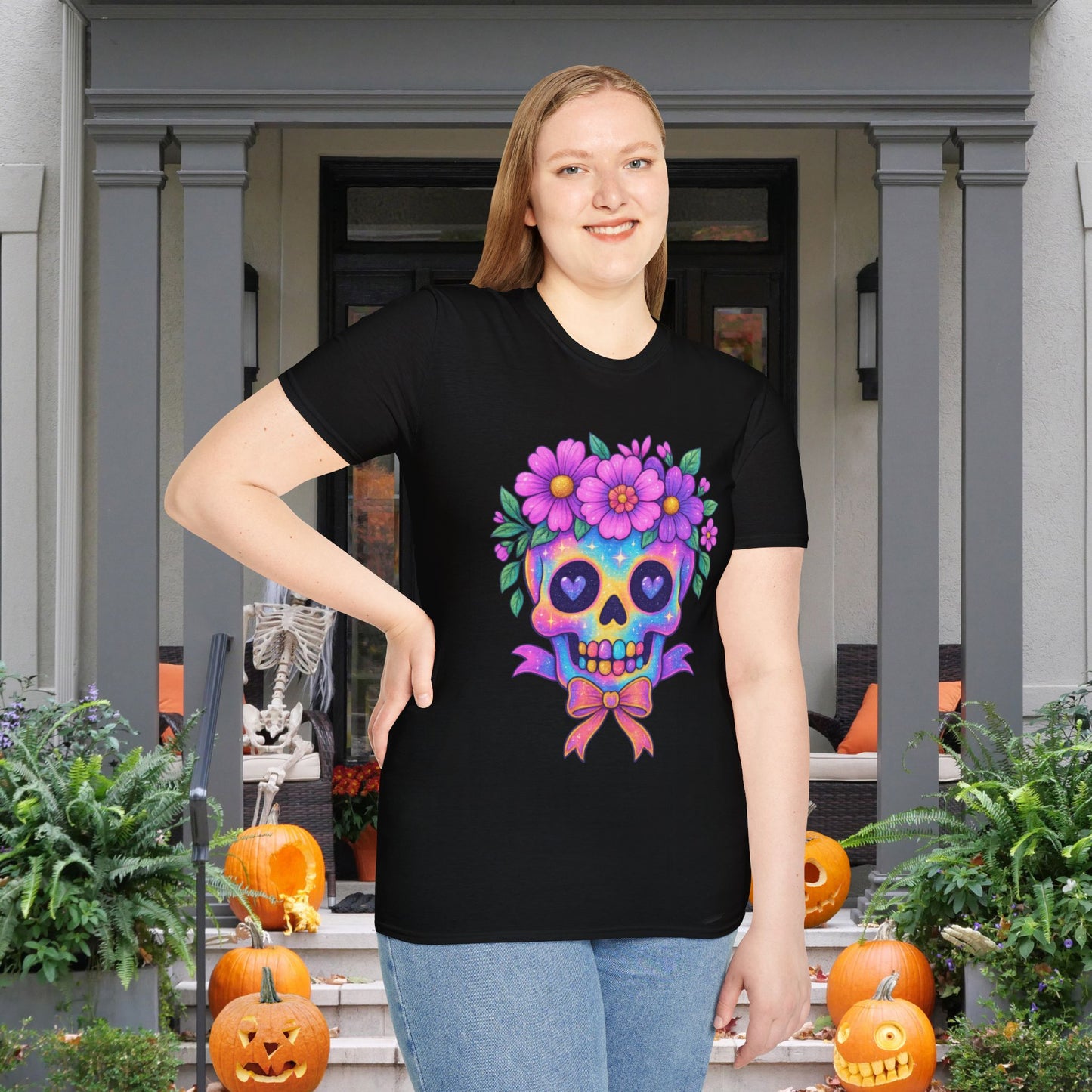 Neon Sugar Skull w/Floral Crown Adult T-shirt