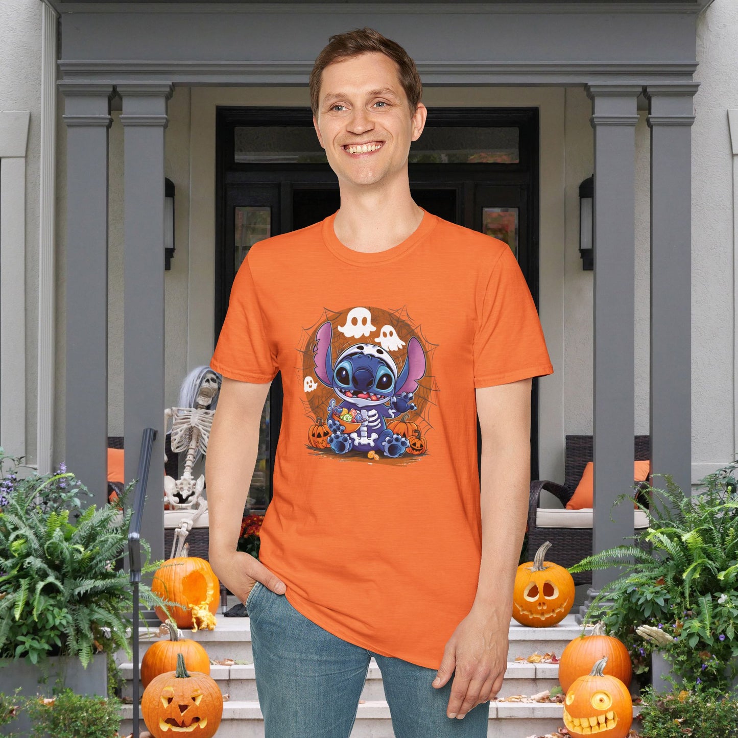 Halloween Skeleton Stitch w/Ghosts & Pumpkins Adult T-shirt