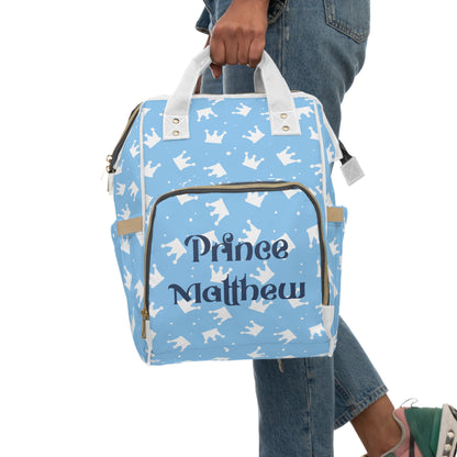 Personalized Prince Diaper Backpack – Baby Blue Crown Baby Bag (Custom Name/Text)
